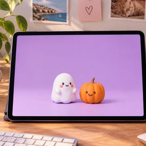 Op de afbeelding: Een tabletscherm toont een digitale illustratie van een kleine witte geest met een lachend gezicht naast een kleine oranje pompoen met een lachend gezicht, beide tegen een effen lichtpaarse achtergrond.