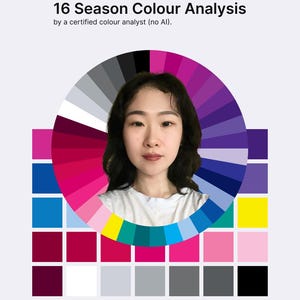 May include: A 16 Season Colour Analysis chart featuring a circular color wheel surrounding a person's face, with a grid of various color swatches below. The text reads 16 Season Colour Analysis by a certified colour analyst (no AI).