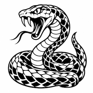 May include: A black and white graphic illustration of a coiled snake with its mouth open, showing sharp fangs and a forked tongue. The snake features a detailed scale pattern across its body, with a high-contrast design.