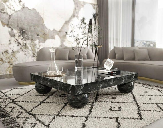 Handmade Rectangular Marble Coffee Table | Nero Marquina, Round Legs
