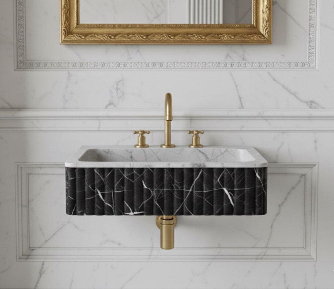 Black and White Marble Sink – Dual Marble Fluted Vanity Basin – Modern ...