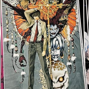 May include: Anime-style illustration featuring a character in a suit and tie, with a complex background of fantastical creatures and symbols. The artwork has a detailed, colorful style with a dynamic composition, suitable for fans of manga and anime.