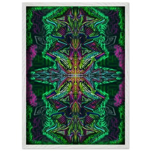 May include: Abstract art print in a white frame. The artwork features a symmetrical design with neon green, blue, and pink lines on a dark background. The intricate patterns create a psychedelic effect.