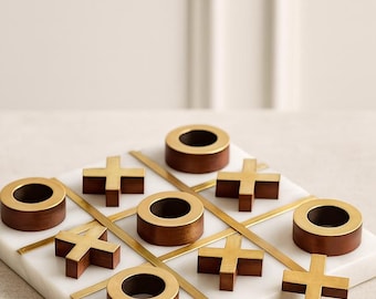 Luxury Tic Tac Toe Game, Handmade Marble & Brass XO Board, Coffee Table Decor.