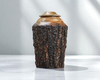 Handmade Wooden Cremation Urn, Natural Tree Bark Memorial Urn for Human Ashes