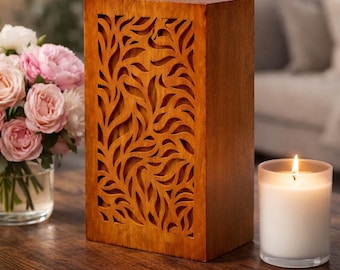 Handcrafted Wooden Cremation Urn Box with Floral Carving | Memorial Keepsake Urn