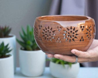 Wooden Yarn Bowl with Floral Cut Design | Crochet & Knitting Organizer | Handmade Craft Gift