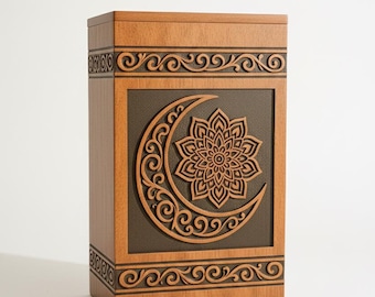 Handmade Wood Urn Box with Moon & Floral Mandala Design | Memorial Ashes Box
