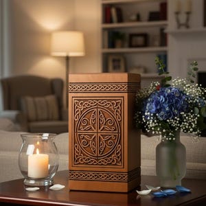 May include: A wooden urn with intricate Celtic knotwork carvings. The rectangular box has a light brown finish and a decorative cross design on the front. A lit candle in a glass holder and a vase of blue flowers sit nearby.
