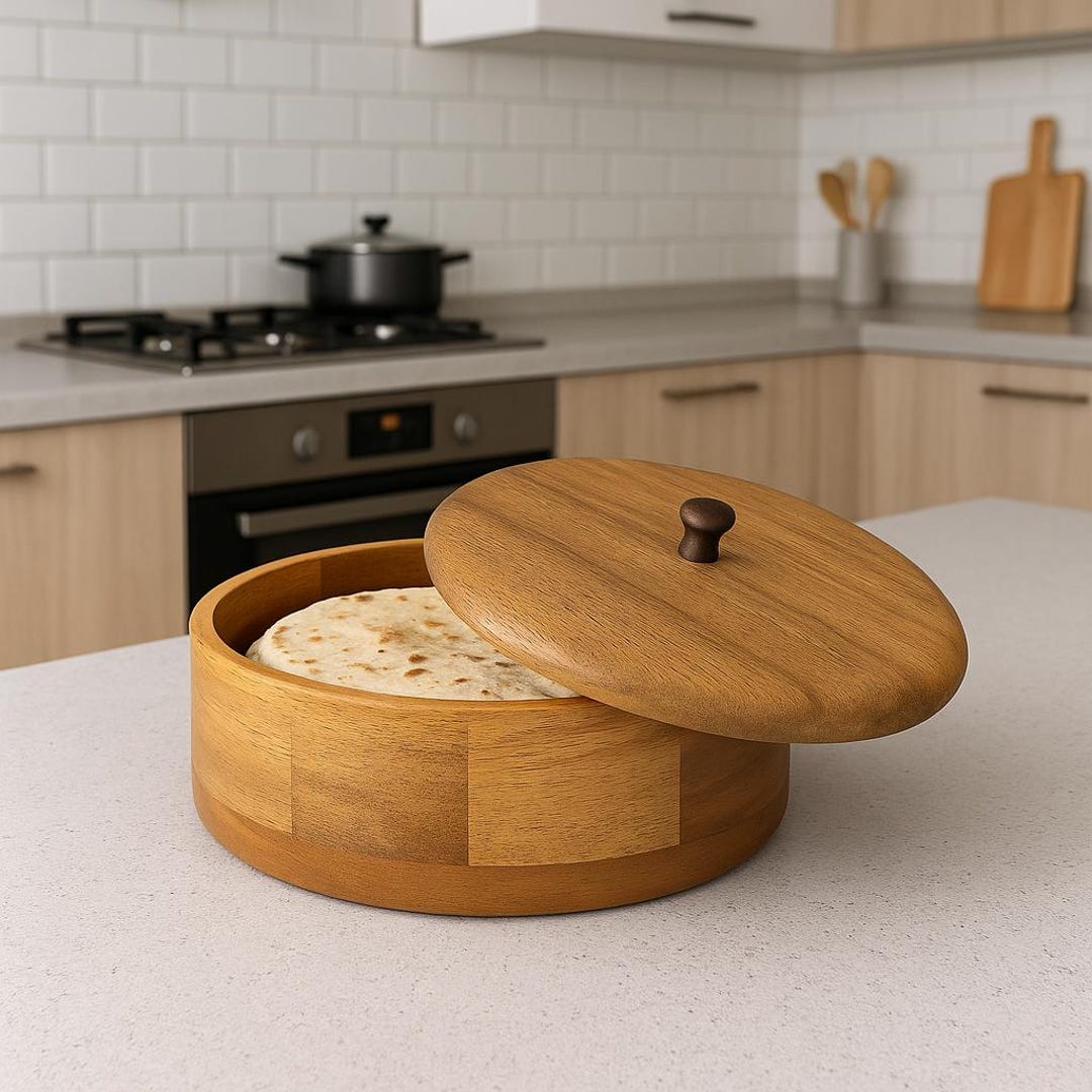 Rustic Acacia Wood Bread Box | Handcrafted Roti & Chapati Storage ...