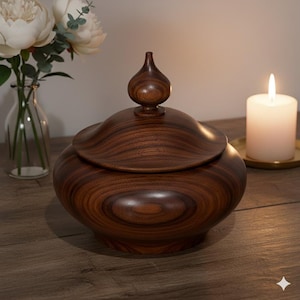 Puede incluir: Un tarro decorativo de madera hecho a mano con tapa. El tarro es de color marrón oscuro con un patrón de vetas de madera arremolinadas. La tapa tiene un pequeño remate en forma de lágrima. Una vela encendida y un jarrón con flores están en el fondo.