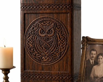 Urna funeraria de palisandro, urna de madera tallada con forma de búho, recuerdo conmemorativo hecho a mano.