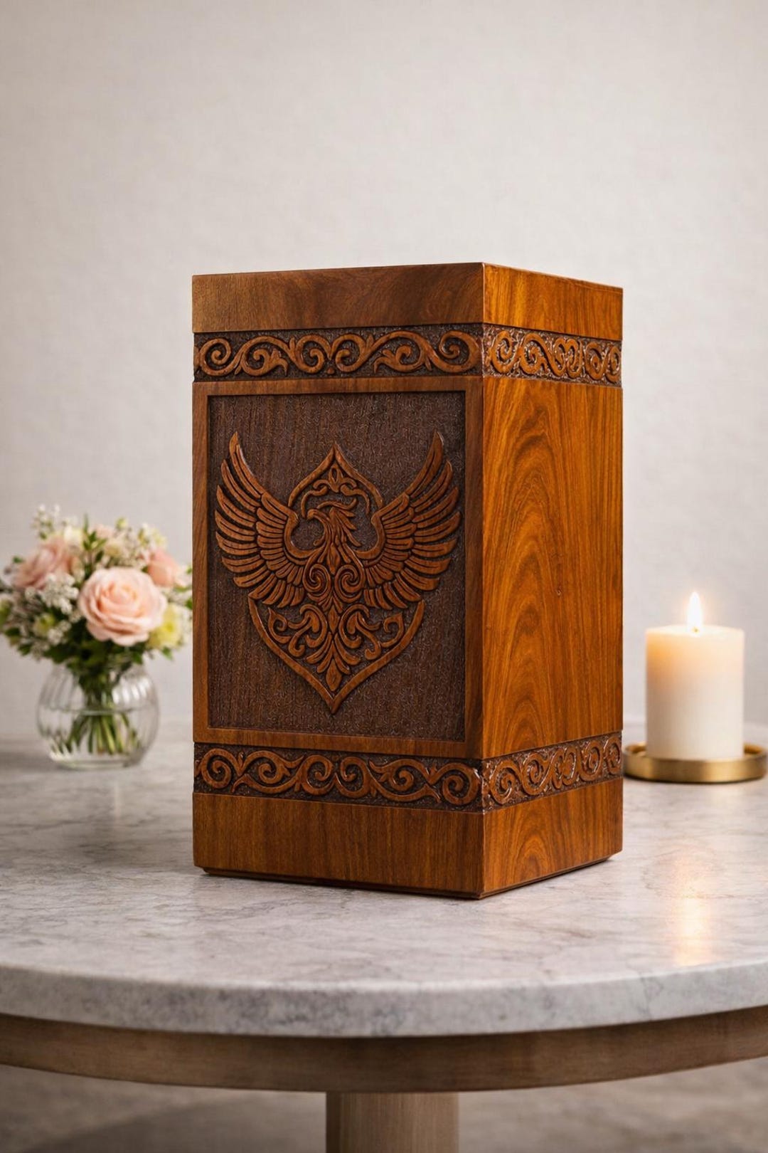 Hand Carved Wooden Cremation Urn Box With Engraved Eagle Design ...