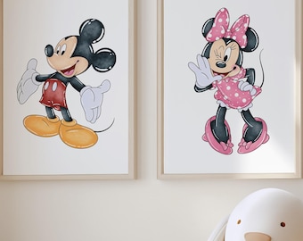 Watercolor Mickey Mouse and Minnie Mouse Wall Art Set, Mickey Mouse Poster, Minnie Mouse Pribtable, Digital Download,  Nursery Decor