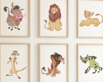 Set of 9 Lion King Watercolor Art Prints, Lion King Wall Art, Lion King Nursery Decor, Kids Room Decor, Playroom Decor, Simba Nursery Print