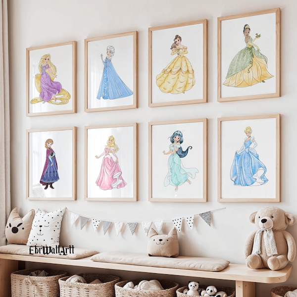 Set of 14 Princess Wall Art Prints,  Princess Poster, Princess Wall Decor, Girls Room Decors, Nursery Decor, Watercolor Princess Decor Art