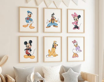 Watercolor Mickey Mouse and Friends Art, Set of 7 Nursery Wall Art, Mickey Mouse Poster, Minnie Mouse Wall Art, Printable Nursery Decor