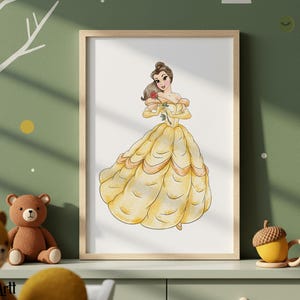 May include: Watercolor print of a princess in a yellow gown holding a red rose. The artwork is framed in a light wood frame and displayed on a green wall. The image is part of a children's room decor.