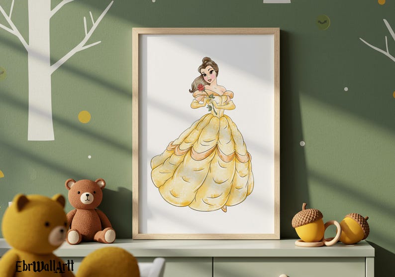 May include: Watercolor print of a princess in a yellow gown holding a red rose. The artwork is framed in a light wood frame and displayed on a green wall. The image is part of a children's room decor.