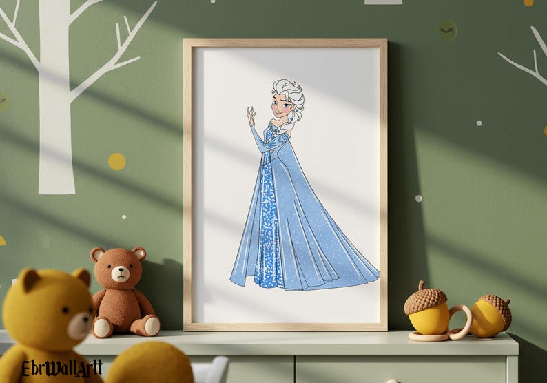 May include: A framed print featuring a cartoon illustration of a character in a blue dress with a long cape. The character has white hair and is posed with one hand raised. The artwork is displayed on a green wall.
