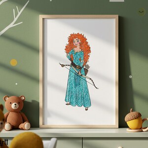 May include: A framed illustration of a character with long, curly red hair, wearing a teal dress and holding a bow and arrow. The artwork is set against a white background within a wooden frame, suitable for children's room decor.