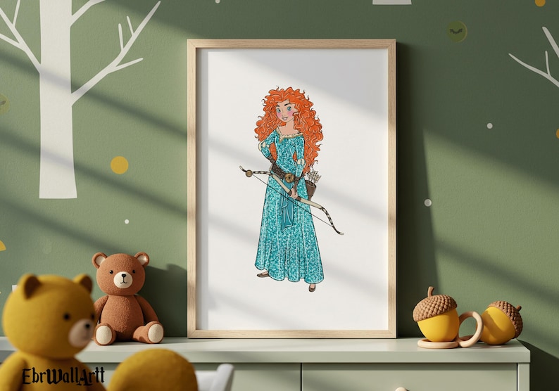 May include: A framed illustration of a character with long, curly red hair, wearing a teal dress and holding a bow and arrow. The artwork is set against a white background within a wooden frame, suitable for children's room decor.