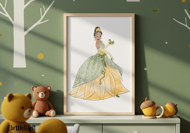 May include: A framed print featuring a princess in a green and yellow gown, holding a frog. The artwork has a whimsical style, with a light wood frame. The background is a green wall with white tree branch and yellow dot decorations. Decorative acorn mugs are on the shelf.