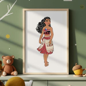 May include: A framed print featuring a cartoon illustration of a woman in a red and white patterned dress. The woman has long black hair and is wearing a necklace. The print is displayed on a green wall with a teddy bear and acorn-shaped mugs.