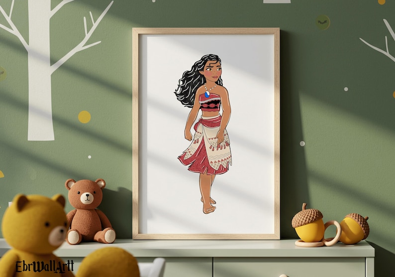 May include: A framed print featuring a cartoon illustration of a woman in a red and white patterned dress. The woman has long black hair and is wearing a necklace. The print is displayed on a green wall with a teddy bear and acorn-shaped mugs.
