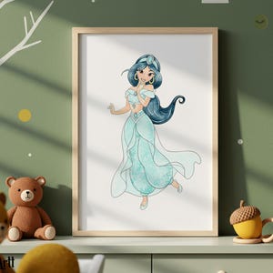 May include: A framed watercolor print of a princess in a flowing turquoise gown with long black hair. The artwork features a light wooden frame and is displayed on a light green cabinet. Decorative acorn-shaped mugs are also visible.