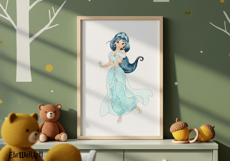 May include: A framed watercolor print of a princess in a flowing turquoise gown with long black hair. The artwork features a light wooden frame and is displayed on a light green cabinet. Decorative acorn-shaped mugs are also visible.