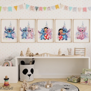 Lilo och Stitch väggkonst set med 5, ängel Alien Ohana poster, akvarell slott barnrumsdekor, utskrivbar barnrum