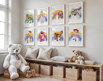 Set van vier kleuren burst-stijlbladen. Poster Toy Story, Buzz, Woody, Jessie en de paardenacurela financieren maat A4