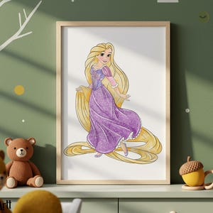 May include: A framed print featuring a watercolor illustration of a princess with long blonde hair and a purple dress. The artwork is displayed on a light green surface with a teddy bear and acorn-shaped decor.