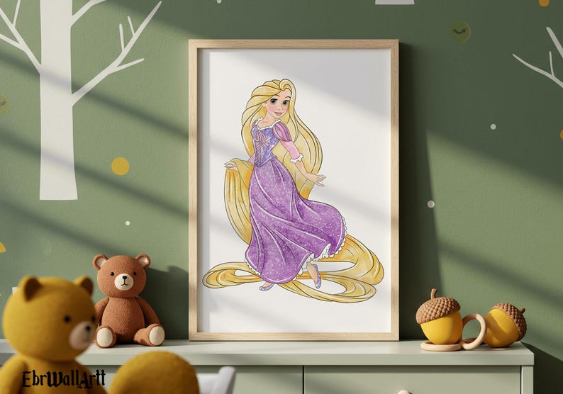May include: A framed print featuring a watercolor illustration of a princess with long blonde hair and a purple dress. The artwork is displayed on a light green surface with a teddy bear and acorn-shaped decor.