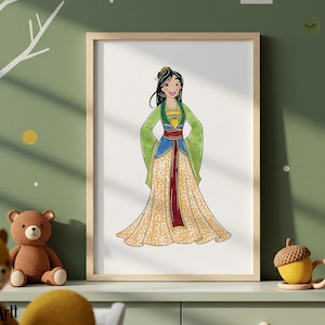 May include: Watercolor illustration of a woman in a traditional Chinese dress. The artwork features a framed print with a light wood frame. The woman's dress is a mix of green, blue, and gold, with a red sash. The background is a green wall.
