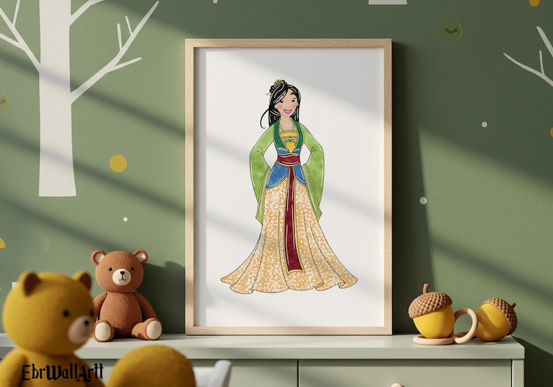 May include: Watercolor illustration of a woman in a traditional Chinese dress. The artwork features a framed print with a light wood frame. The woman's dress is a mix of green, blue, and gold, with a red sash. The background is a green wall.