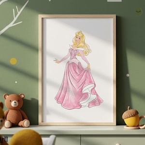 May include: A framed print featuring a watercolor illustration of a princess in a pink gown. The princess has blonde hair and is holding the skirt of her dress. The print is displayed on a green wall with a tree design.