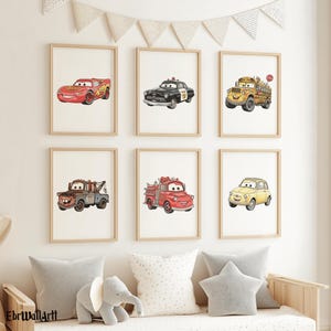 May include: Set of six framed art prints featuring cartoon cars. The prints showcase a red race car, a black police car, a yellow school bus, a rusty tow truck, a red fire truck, and a yellow car. Each car has a smiling face.
