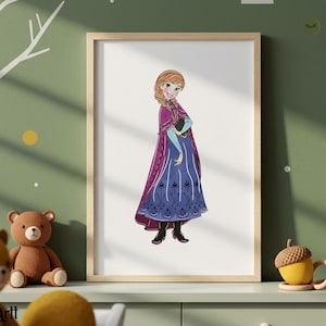 May include: A framed print featuring a cartoon illustration of a character from the movie Frozen. The character is wearing a purple and blue dress with a matching cape. The artwork is displayed on a white background.