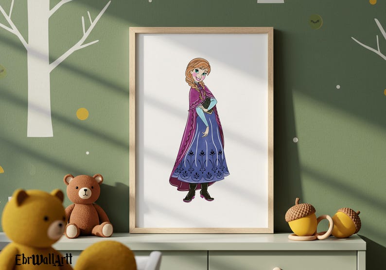 May include: A framed print featuring a cartoon illustration of a character from the movie Frozen. The character is wearing a purple and blue dress with a matching cape. The artwork is displayed on a white background.