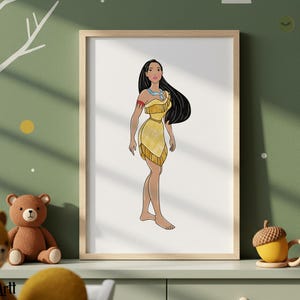 May include: A framed print featuring a cartoon illustration of a woman in a yellow dress with black hair. The artwork is displayed on a white background, with a light wooden frame. The image is set against a green wall with white tree and yellow dot decorations.