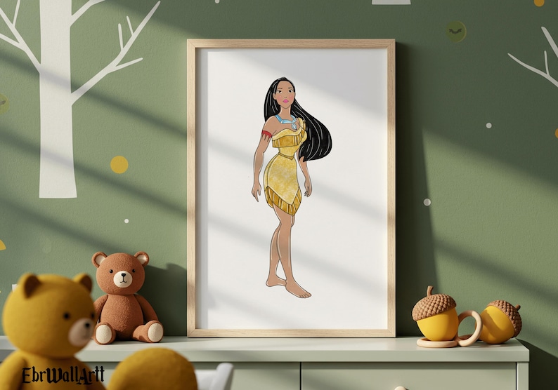 May include: A framed print featuring a cartoon illustration of a woman in a yellow dress with black hair. The artwork is displayed on a white background, with a light wooden frame. The image is set against a green wall with white tree and yellow dot decorations.