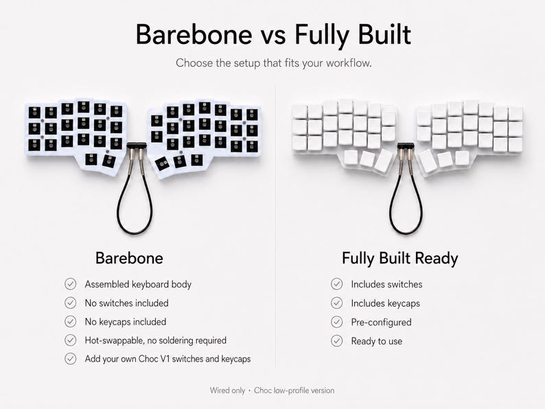 May include: A comparison graphic titled Barebone vs Fully Built showing two split ergonomic keyboards. The left keyboard is white with black switch sockets. The right keyboard is white with white keycaps. Text lists features for each version.