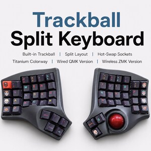 Puede incluir: Un teclado dividido con trackball incorporado, en color titanio. El teclado presenta un diseño dividido, conectores intercambiables en caliente y está disponible en versiones con y sin cable. El texto de la imagen dice "Trackball Split Keyboard".