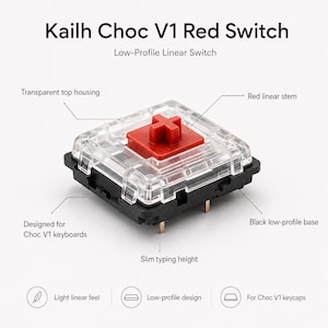 May include: A Kailh Choc V1 Red Switch, a low-profile linear mechanical keyboard switch. It features a transparent top housing, a red linear stem, and a black low-profile base. Text labels identify features including slim typing height and design.