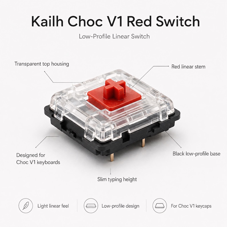 May include: A Kailh Choc V1 Red Switch, a low-profile linear mechanical keyboard switch. It features a transparent top housing, a red linear stem, and a black low-profile base. Text labels identify features including slim typing height and design.