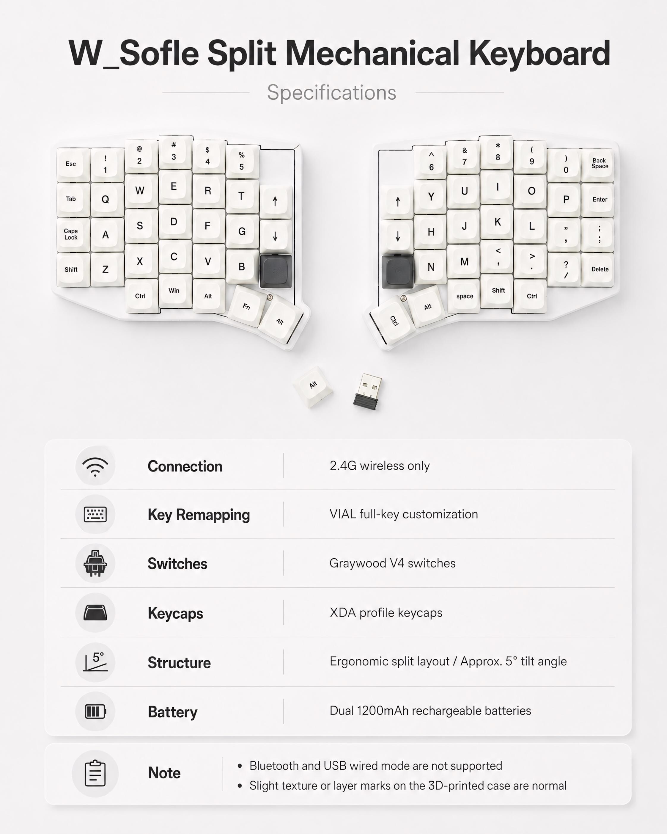 Sofle Split Mechanical Keyboard, 2.4G Wireless Ergonomic Custom ...