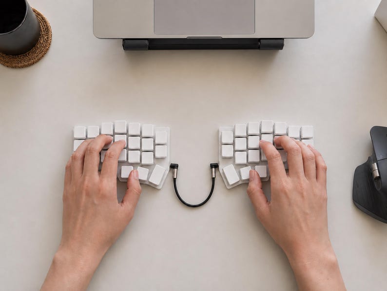 May include: A split ergonomic mechanical keyboard featuring two separate white keycap sections connected by a black cable. The keyboard layout is ortholinear with blank white keys, positioned on a flat surface in front of a laptop computer.