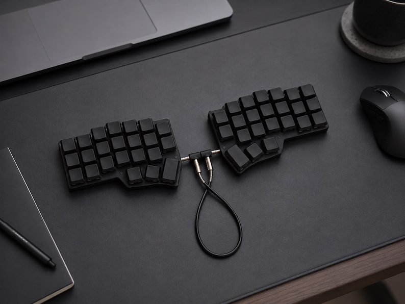 May include: A black split ergonomic mechanical keyboard consisting of two separate halves connected by a short, looped black cable with metallic silver connectors. The keyboard features a blank, uniform keycap layout without any visible lettering.